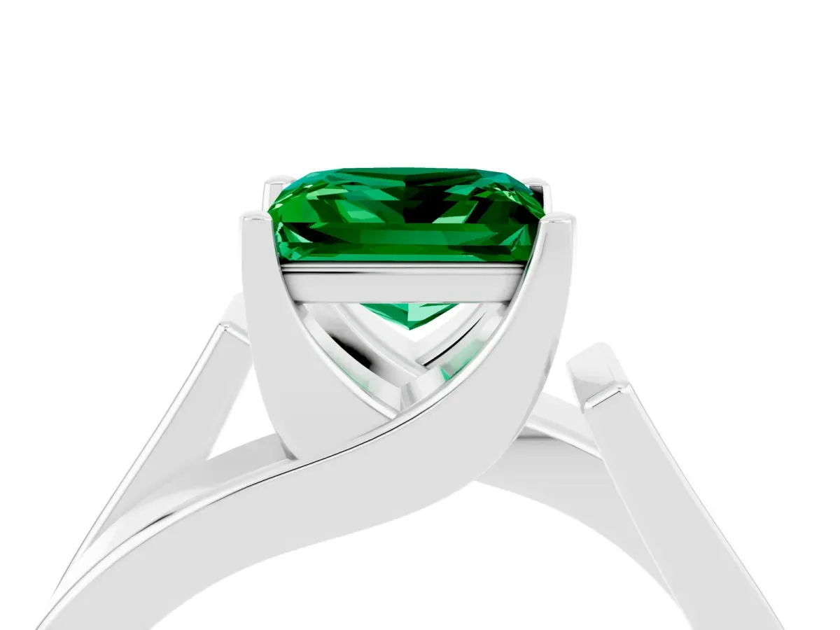 Modern Tension Set Princess Cut Emerald Solitaire Wide Band Ring Silver