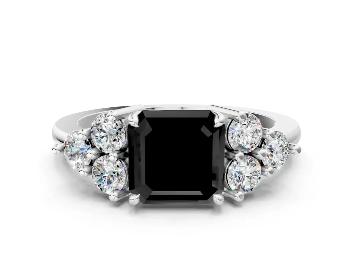 Fancy Black Asscher Cut Brilliant Diamond Cluster Accent Solitaire Ring with Prong Setting Platinum