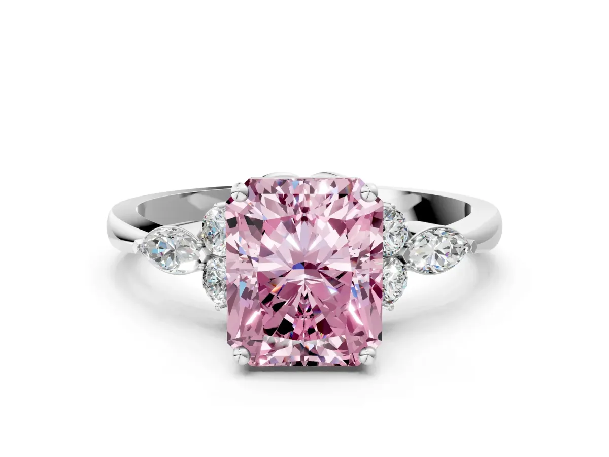 Fancy Pink Radiant Cut Brilliant Diamond Solitaire Ring with Pear Side Stones and Four-Prong Setting Platinum