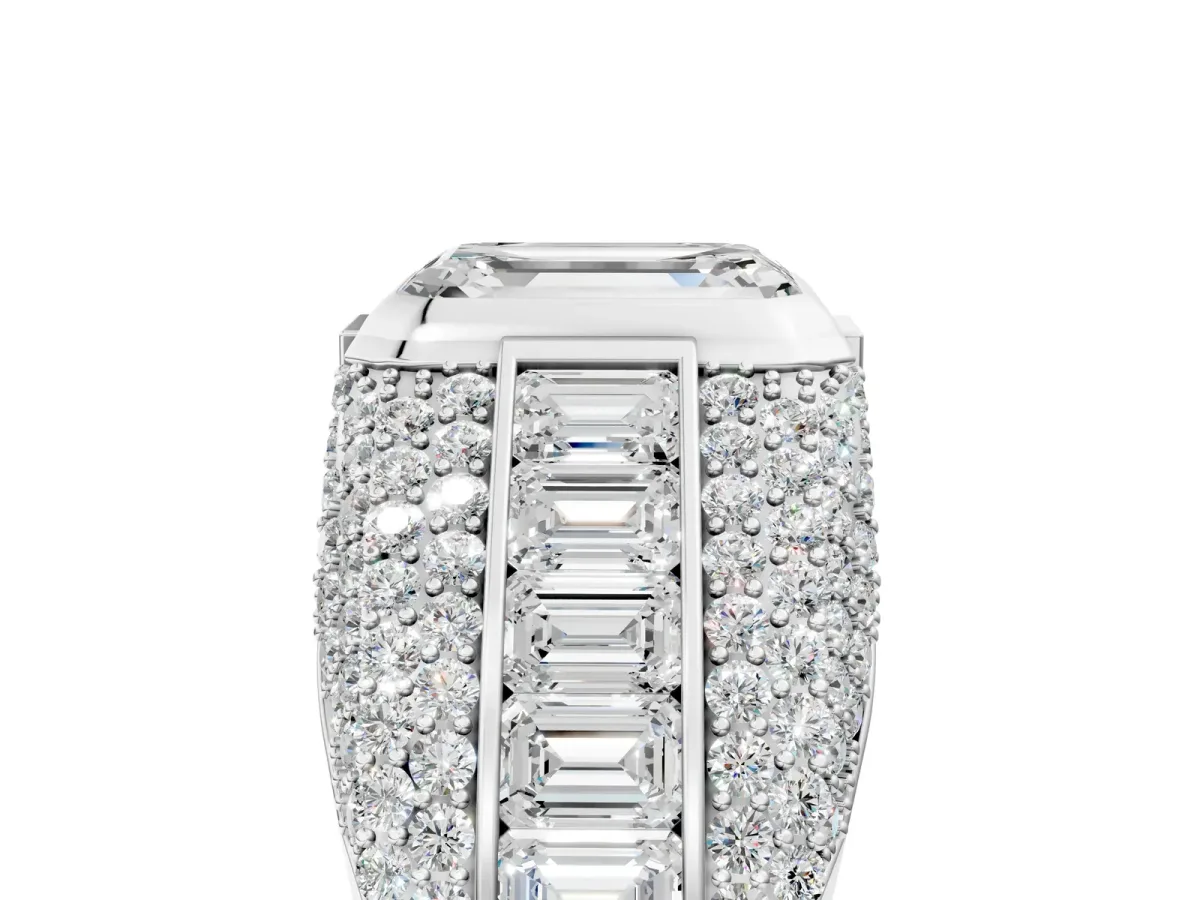Emerald Cut Diamond Mens Ring with Side Stones Silver