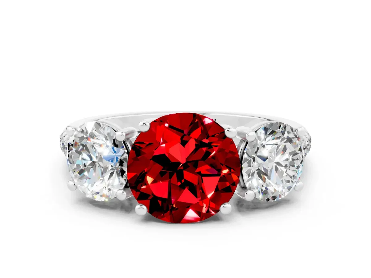 Three-Stone Round Cut Ruby Ring with Round Pavé Band and Prong Setting Silver