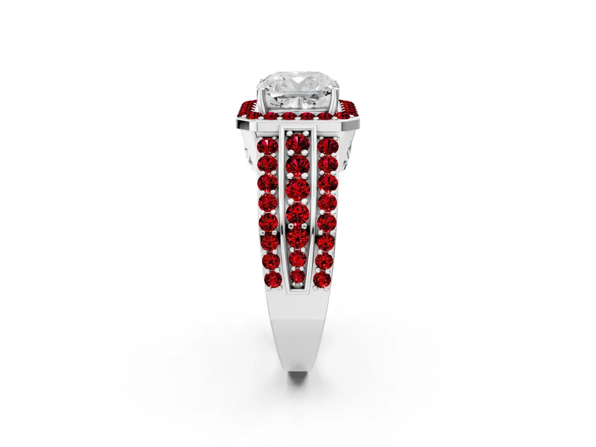 Cushion Cut Halo Diamond Ring with Round Ruby Split Shank and Prong Setting White gold