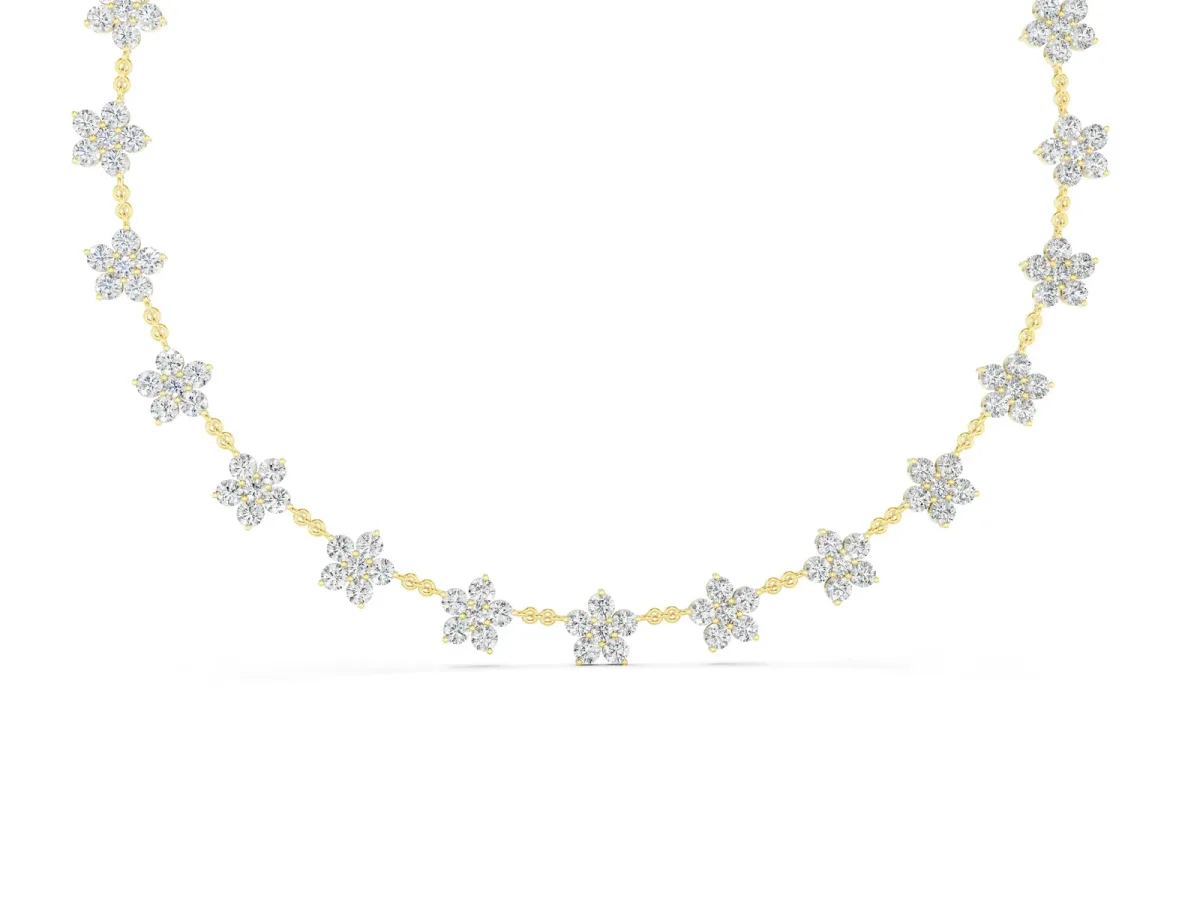 Round Diamond Floral Station Necklace with Diamond Accents Yellow gold