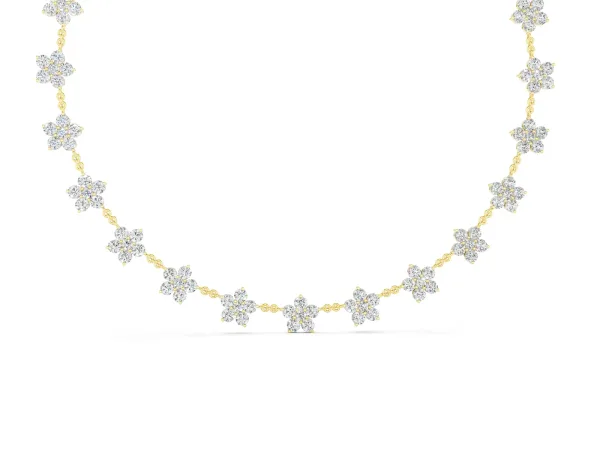 Round Diamond Floral Station Necklace with Diamond Accents Yellow gold