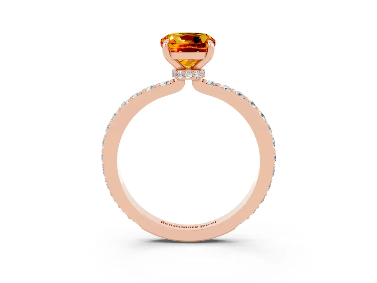 Cushion Cut Citrine Solitaire Engagement Ring with Pavé Band and Four-Prong Setting Rose gold