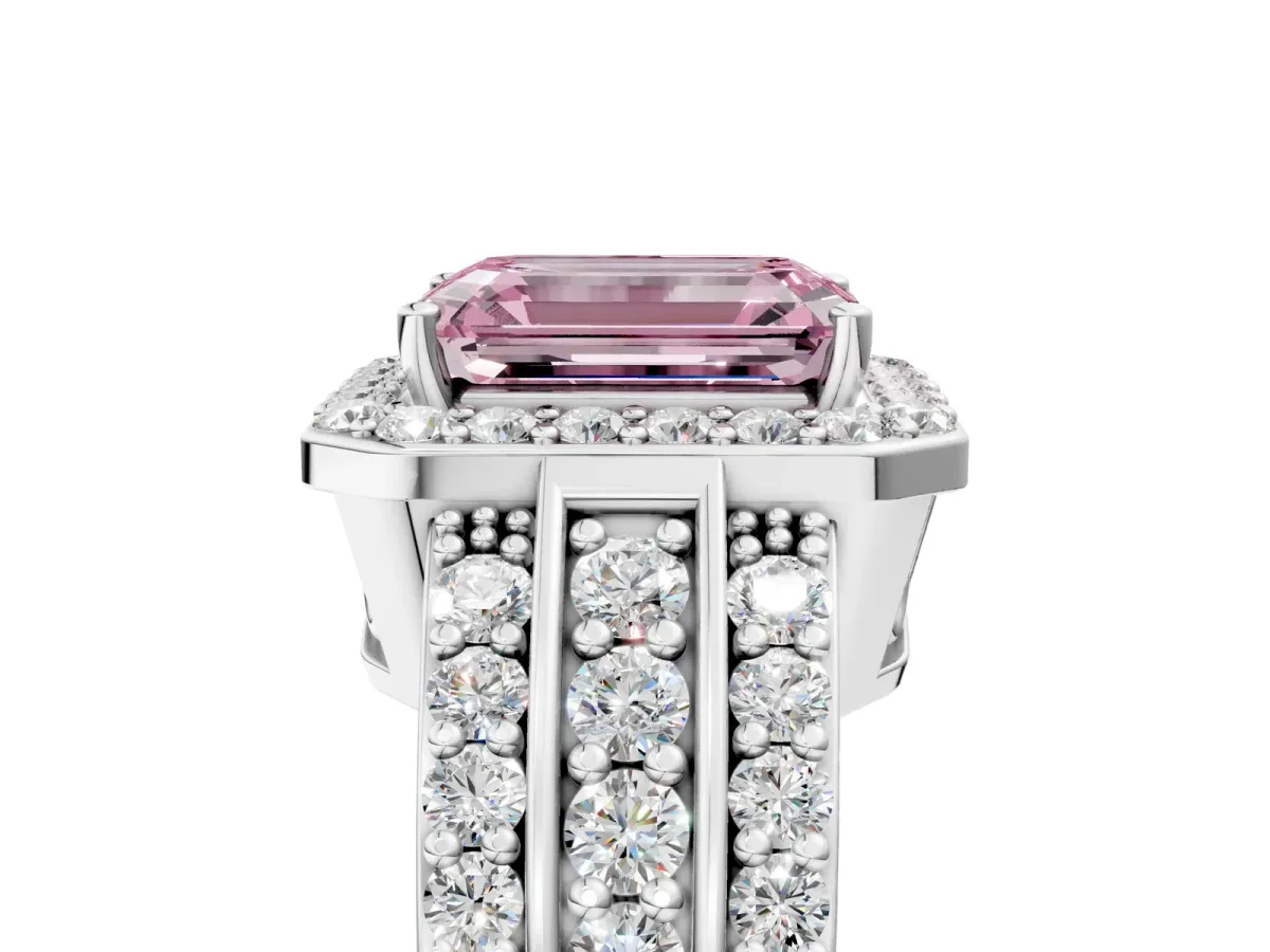 Fancy Pink Emerald Cut Halo Diamond Ring with Round Split Shank and Prong Setting White gold