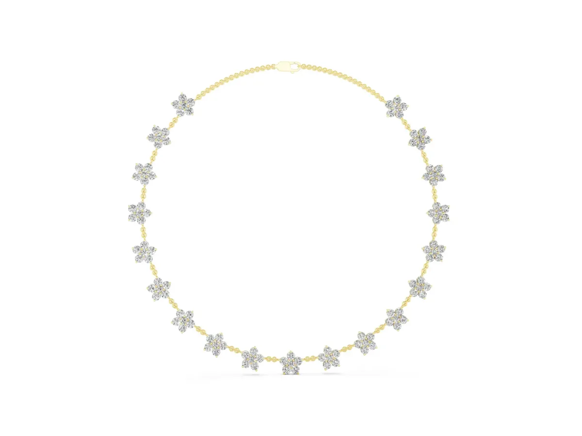 Round Diamond Floral Station Necklace with Diamond Accents Yellow gold