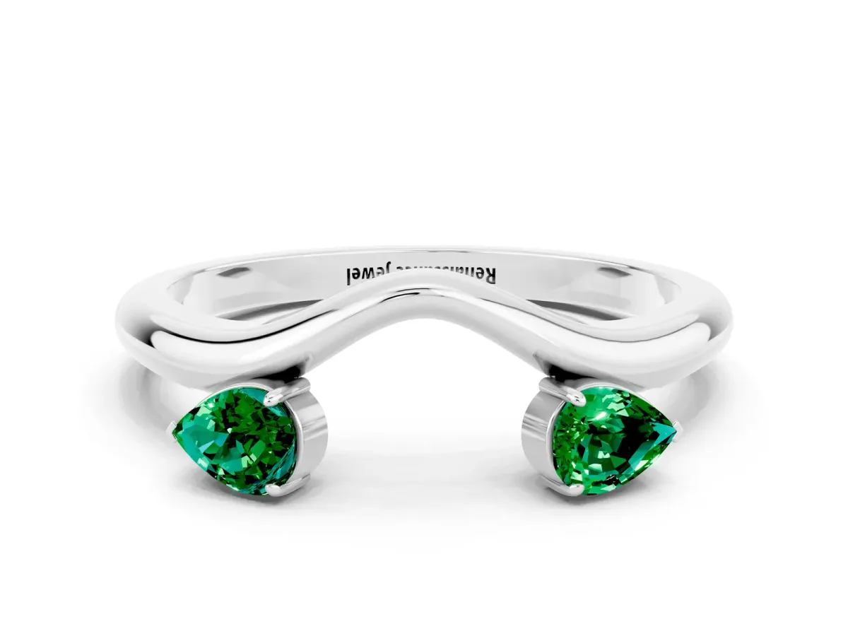 Pear Cut Emerald Two-Stone Open Band Ring with Prong Setting Platinum