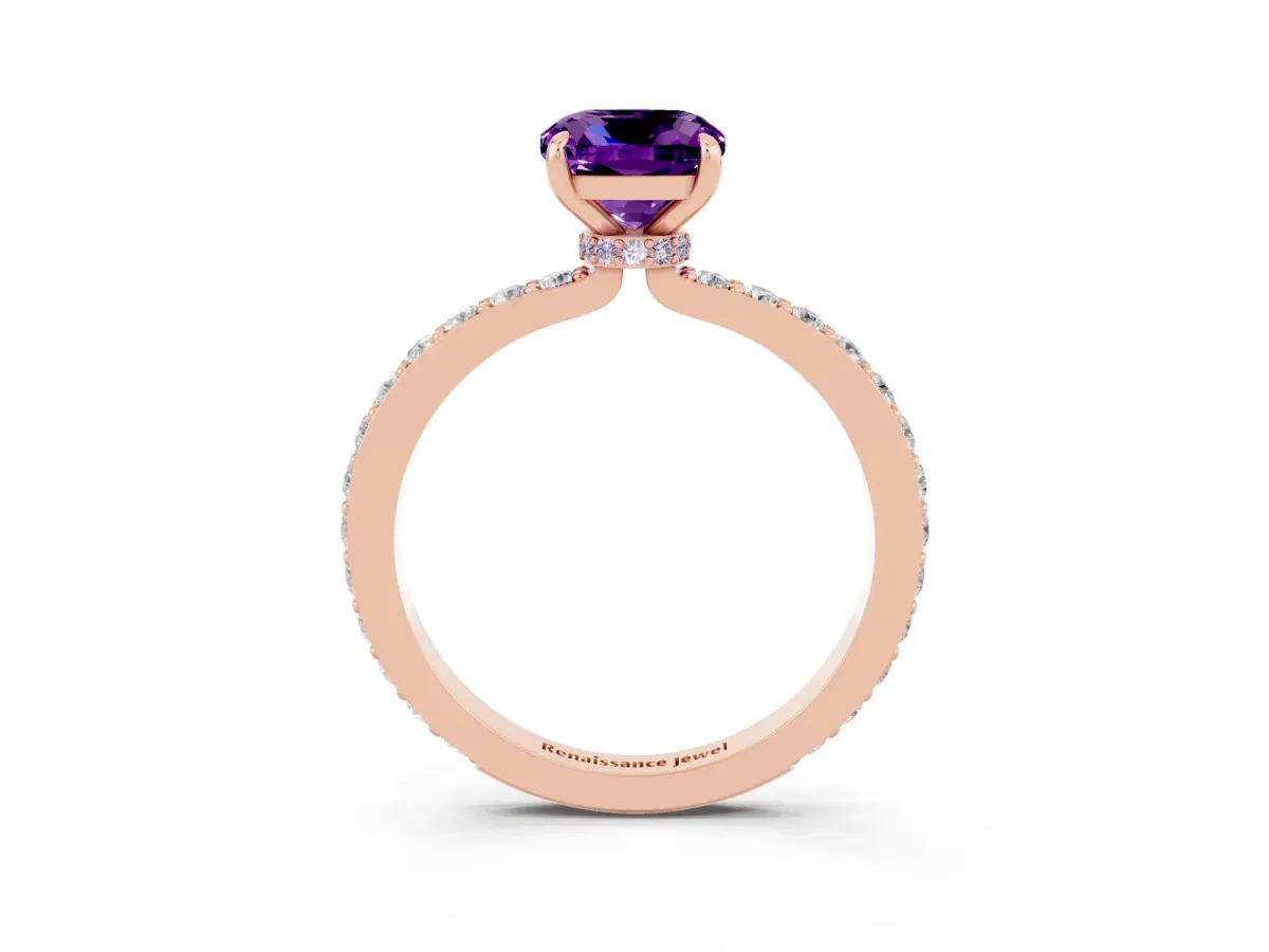 Cushion Cut Amethyst Solitaire Engagement Ring with Pavé Band and Four-Prong Setting Rose gold