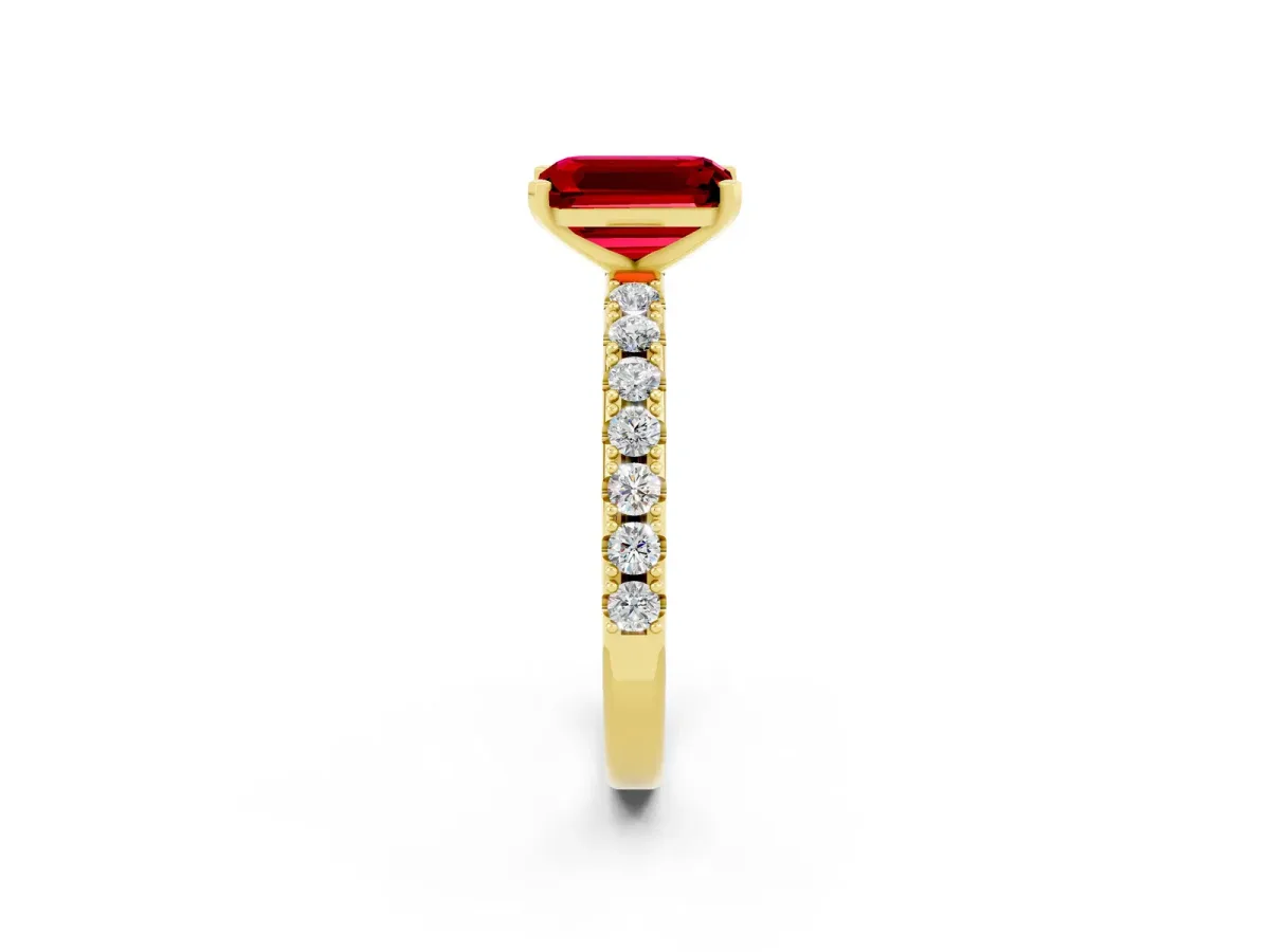 Emerald Cut Ruby Solitaire Pavé Band with Four-Prong Setting Yellow gold