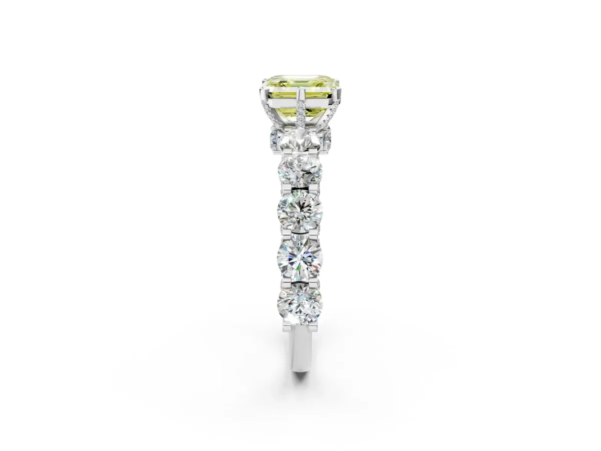 Fancy Yellow Asscher Cut Diamond Side Stone Engagement Ring with Four-Prong Setting White gold