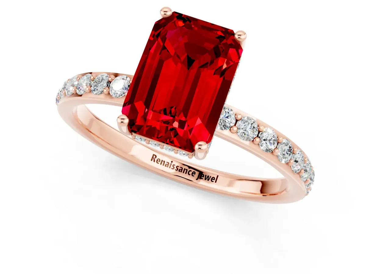 Emerald Cut Ruby Solitaire Ring with Pavé Band and Hidden Halo Rose gold