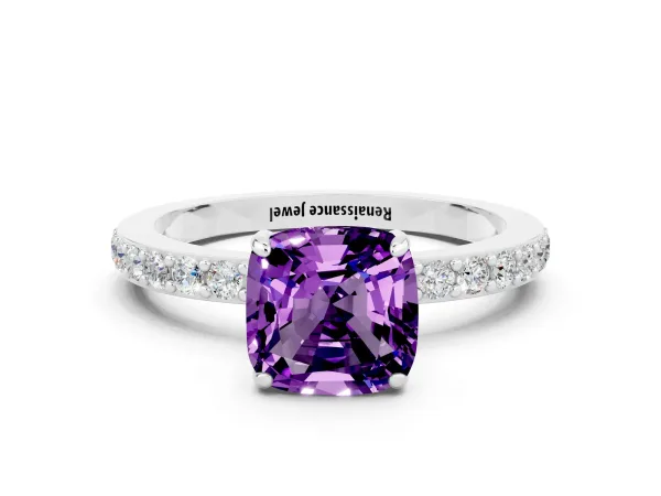 Cushion Cut Amethyst Solitaire Engagement Ring with Pavé Band and Four-Prong Setting Platinum