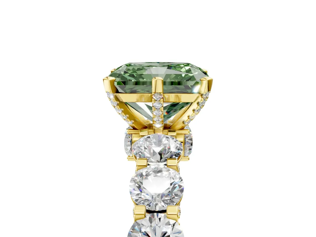 Fancy Green Radiant Cut Diamond Side Stone Engagement Ring with Four-Prong Setting Yellow gold