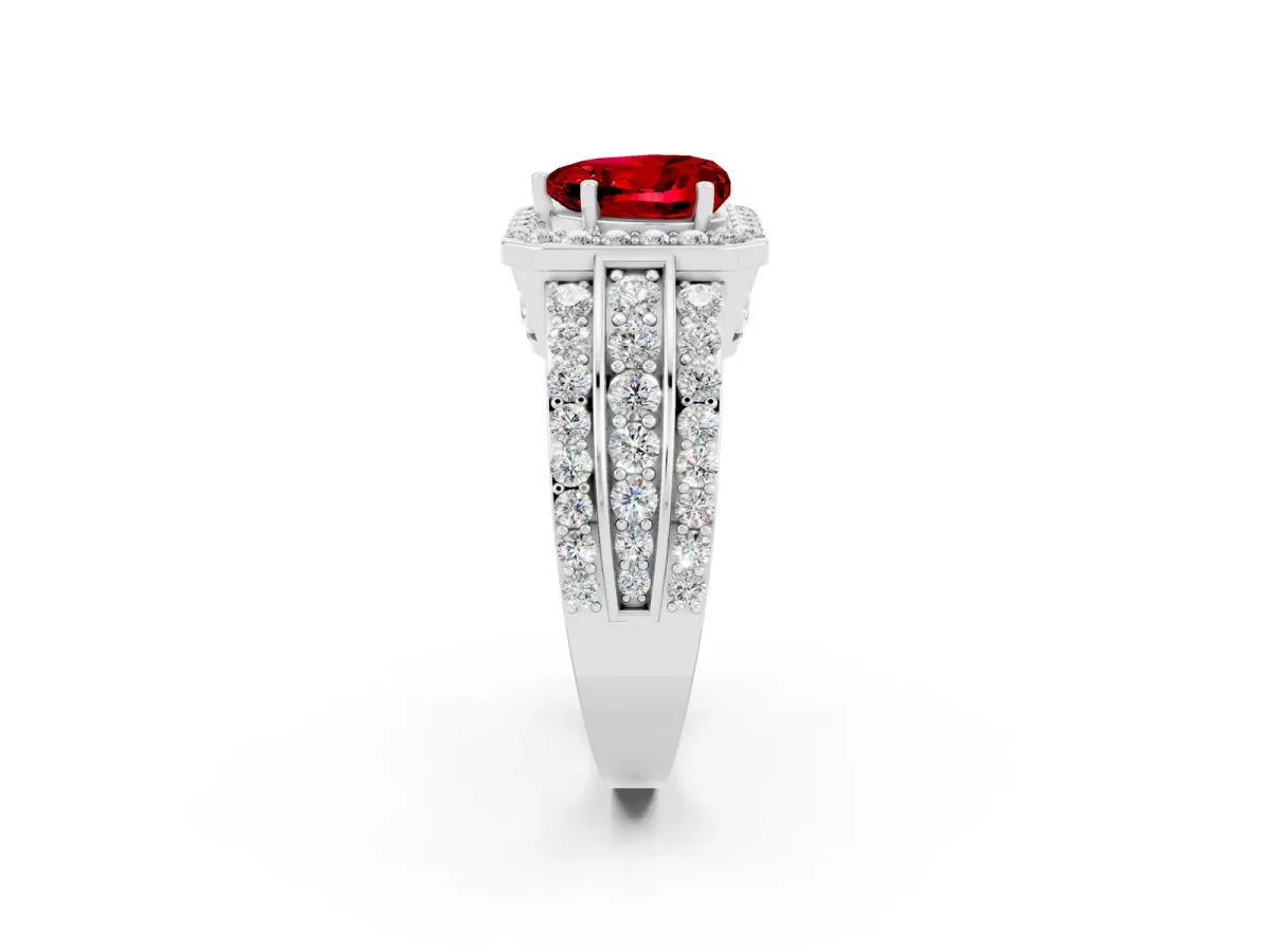 Heart Cut Halo Ruby Ring with Round Split Shank and Prong Setting White gold