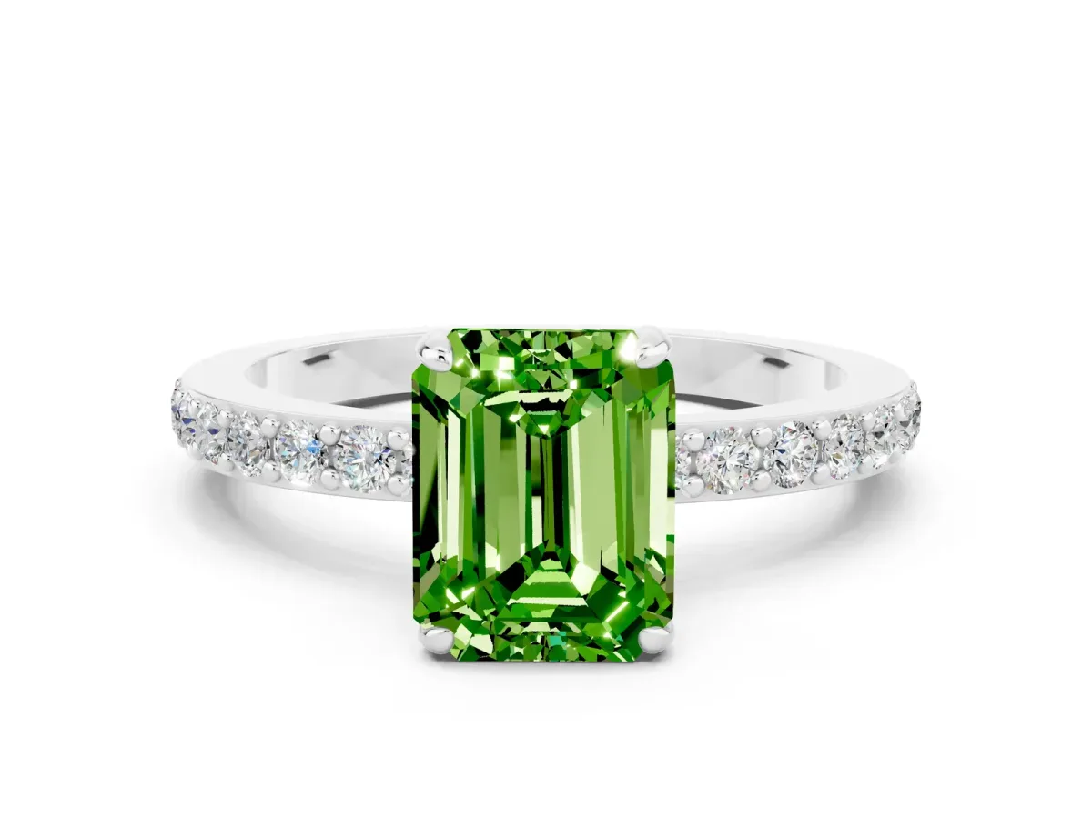 Emerald Cut Peridot Solitaire Engagement Ring with Pavé Band and Four-Prong Setting White gold