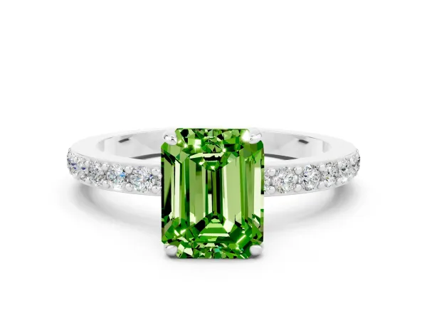 Emerald Cut Peridot Solitaire Engagement Ring with Pavé Band and Four-Prong Setting Platinum