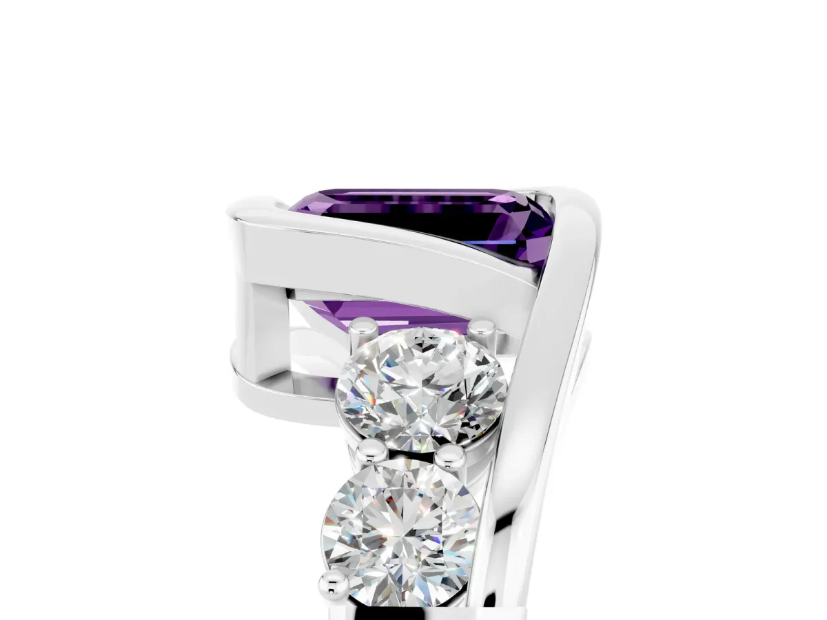 Bezel Set Emerald Cut Amethyst Bypass Ring with Round Accents Silver
