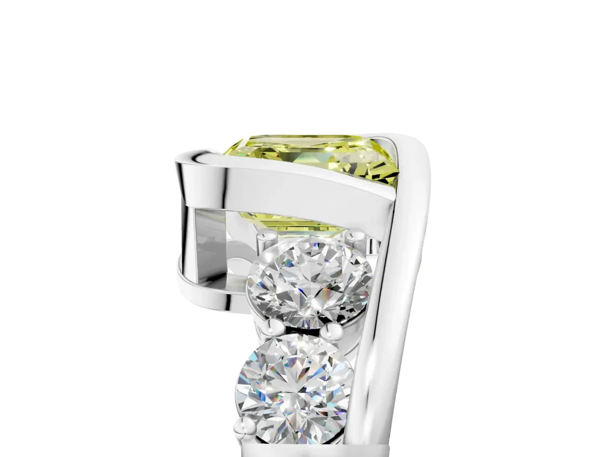 Fancy Yellow Bezel Set Asscher Cut Diamond Bypass Ring with Round Accents Platinum