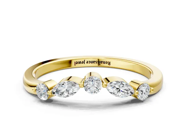 Round and Marquise Diamond Half Eternity Band with Prong Setting Yellow gold