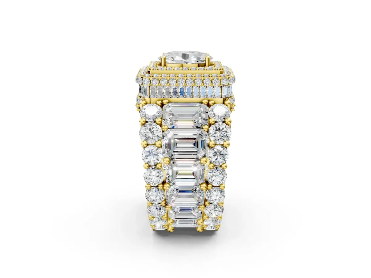 Oval Diamond Halo Mens Ring with Baguette Side Stones Yellow gold