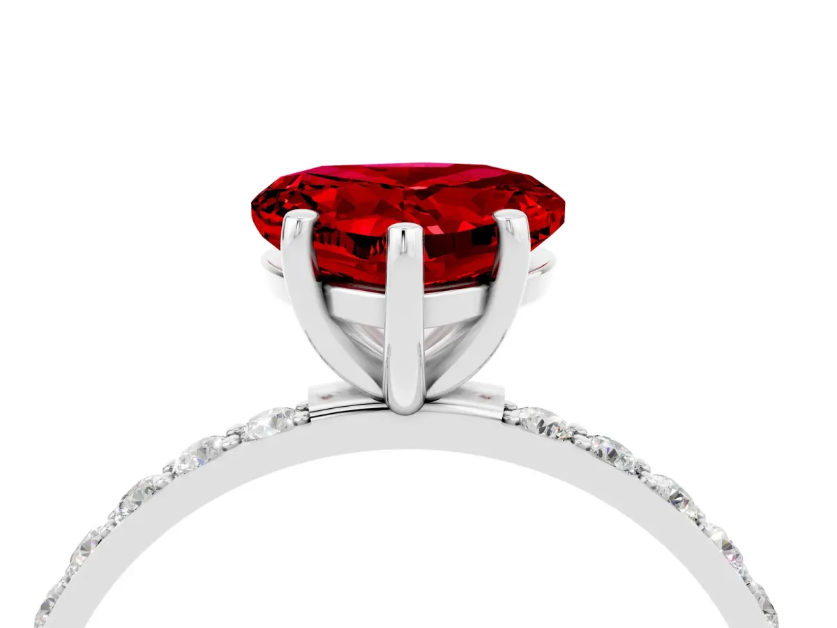 Heart Cut Ruby Solitaire Ring with Round Pavé Band and Prong Setting Silver