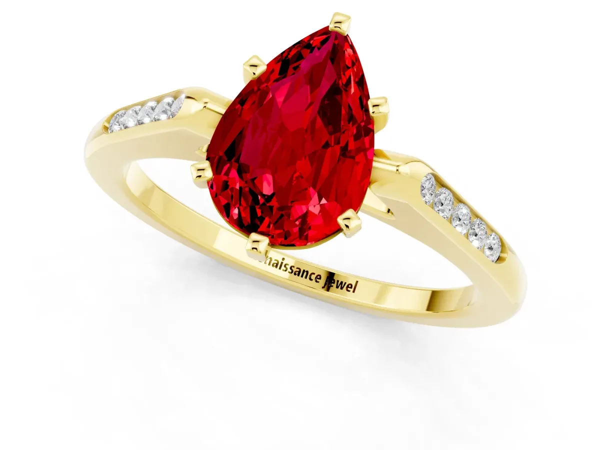 Pear Cut Ruby Solitaire Ring with Channel Set Round Band and Prong Setting Yellow gold
