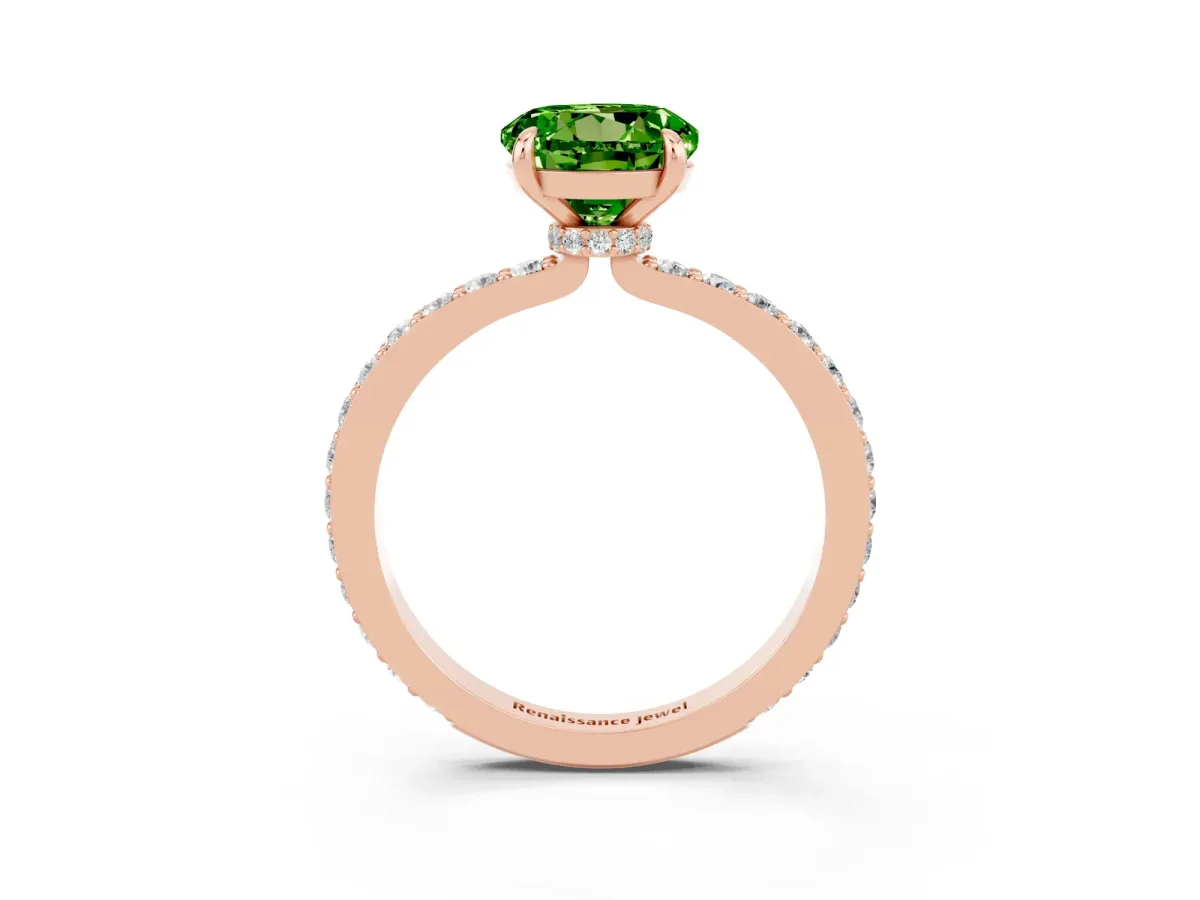 Round Cut Peridot Solitaire Engagement Ring with Pavé Band and Four-Prong Setting Rose gold