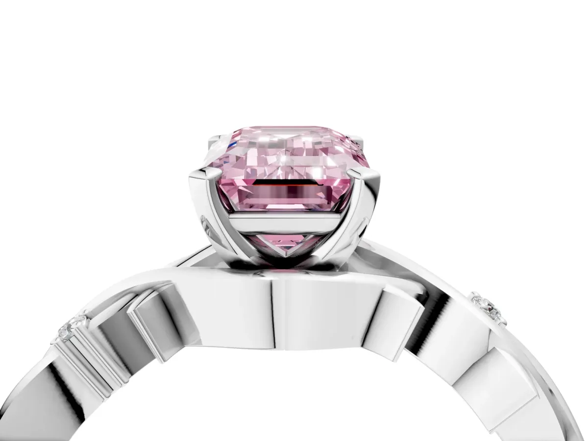 Fancy Pink Emerald Cut Diamond Solitaire Ring with Twisted Band and Prong Setting Silver