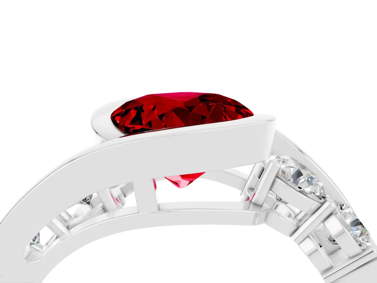 Bezel Set Round Cut Ruby Bypass Ring with Round Accents Platinum