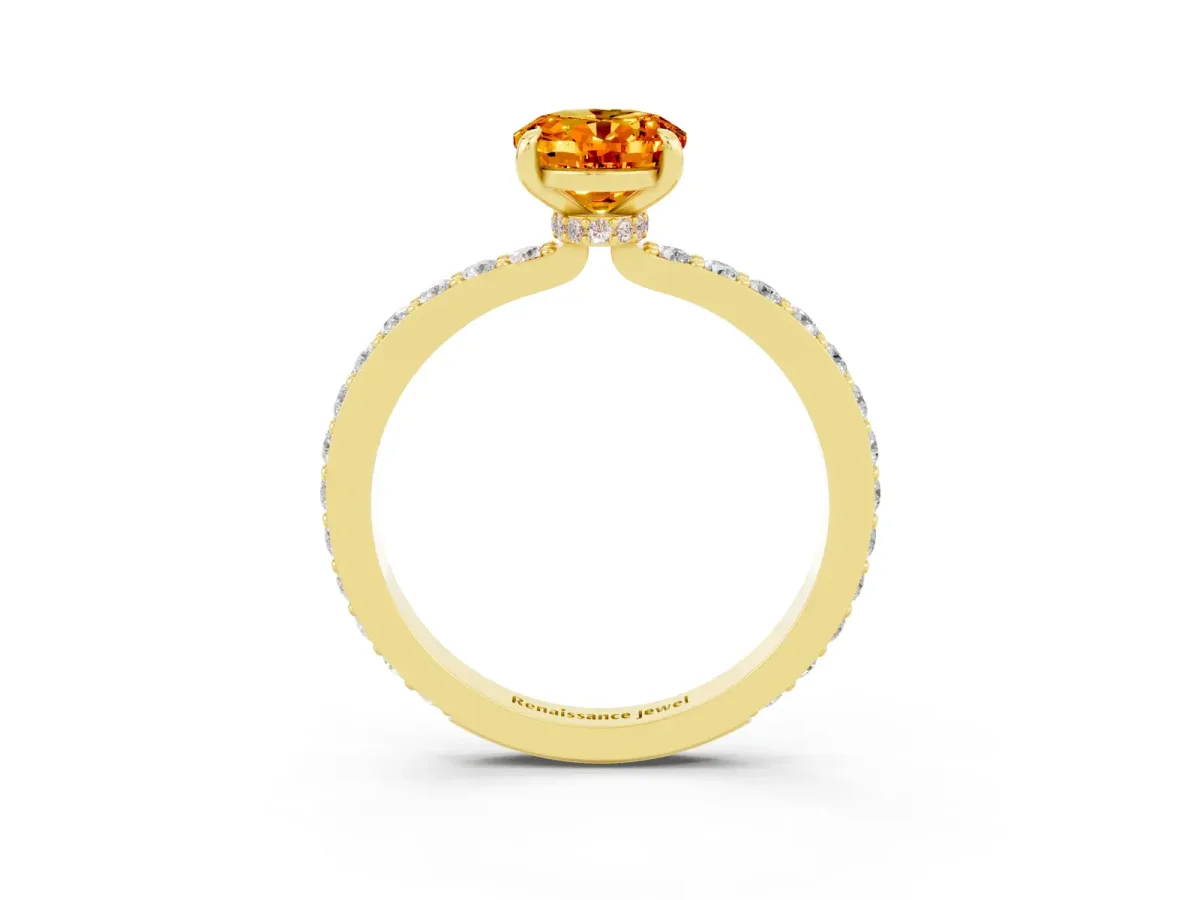 Oval Cut Citrine Solitaire Engagement Ring with Pavé Band and Four-Prong Setting Yellow gold