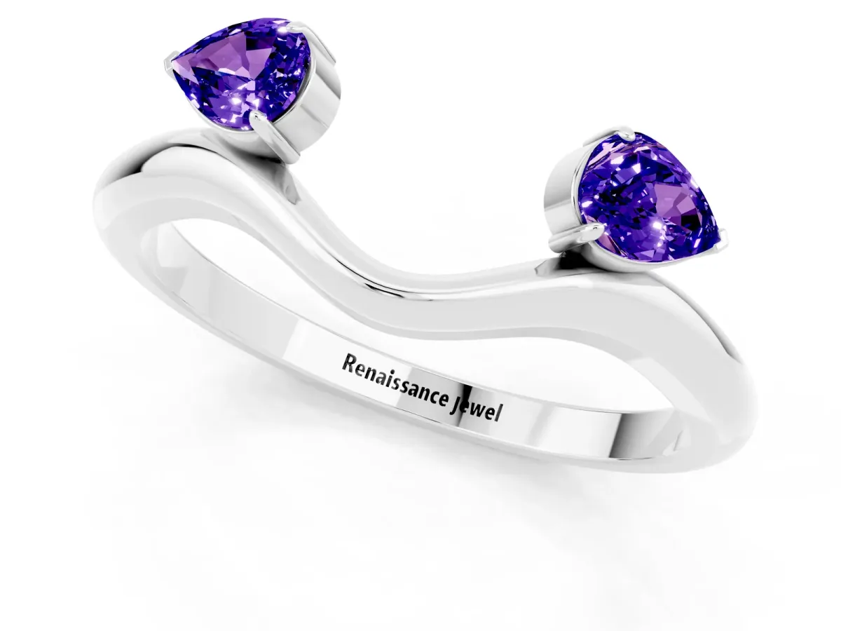 Pear Cut Tanzanite Two-Stone Open Band Ring with Prong Setting Silver