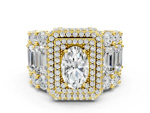 Oval Diamond Halo Mens Ring with Baguette Side Stones Yellow gold