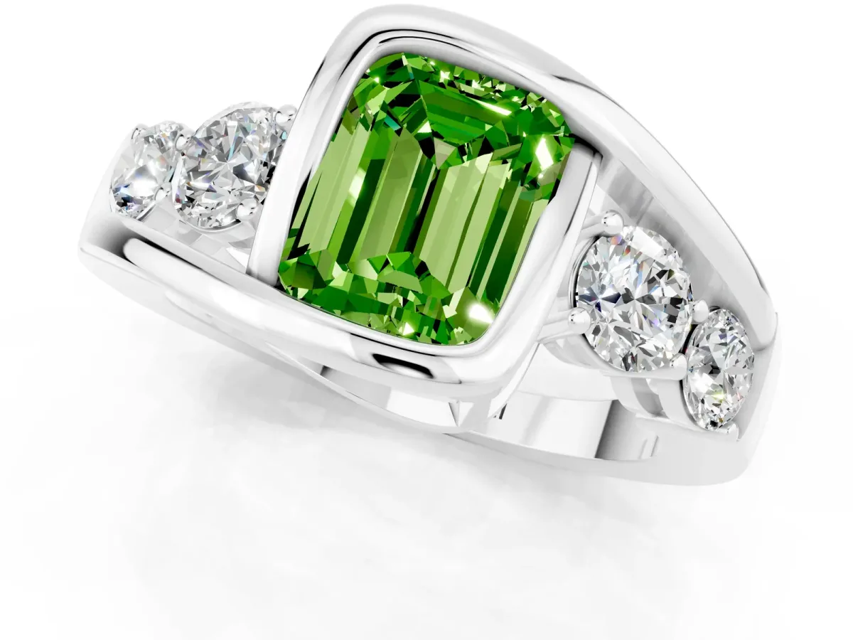 Bezel Set Emerald Cut Peridot Bypass Ring with Round Accents Silver