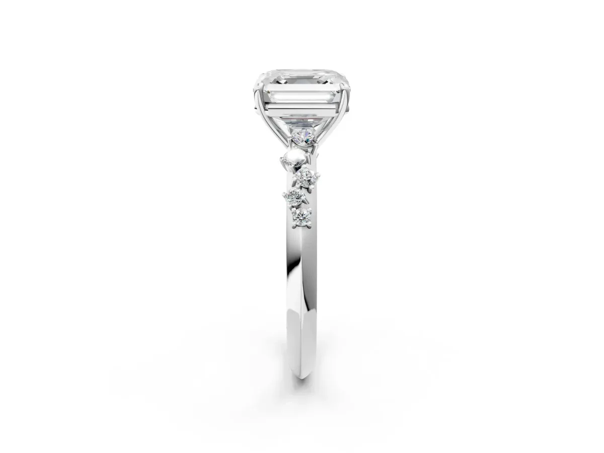 Asscher Cut Diamond Cluster Side Stone Solitaire Ring with Prong Setting Platinum