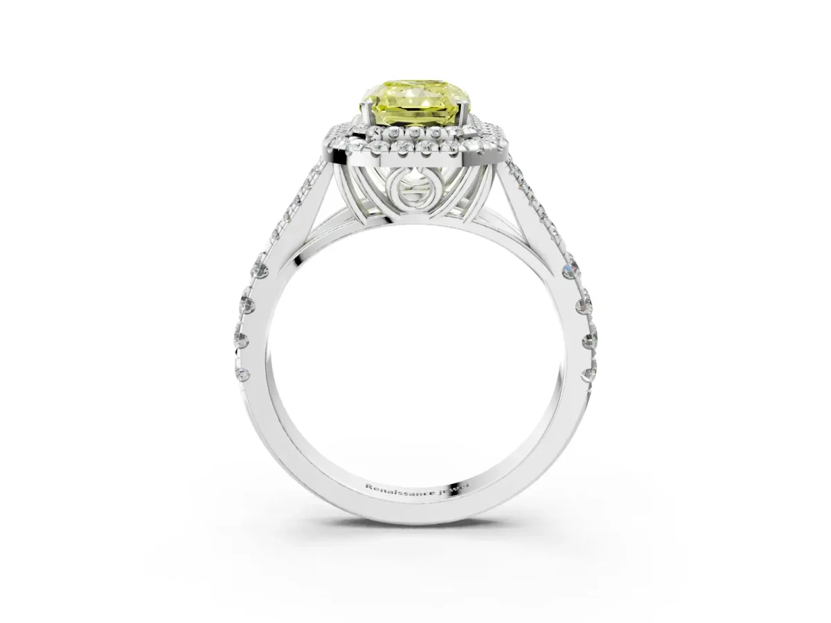 Fancy Yellow Radiant Cut Cut Double Halo Split Shank Diamond Ring with Prong Setting Platinum