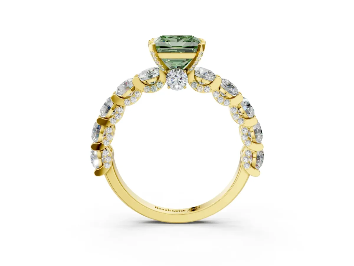 Fancy Green Princess Cut Diamond Side Stone Engagement Ring with Four-Prong Setting Yellow gold