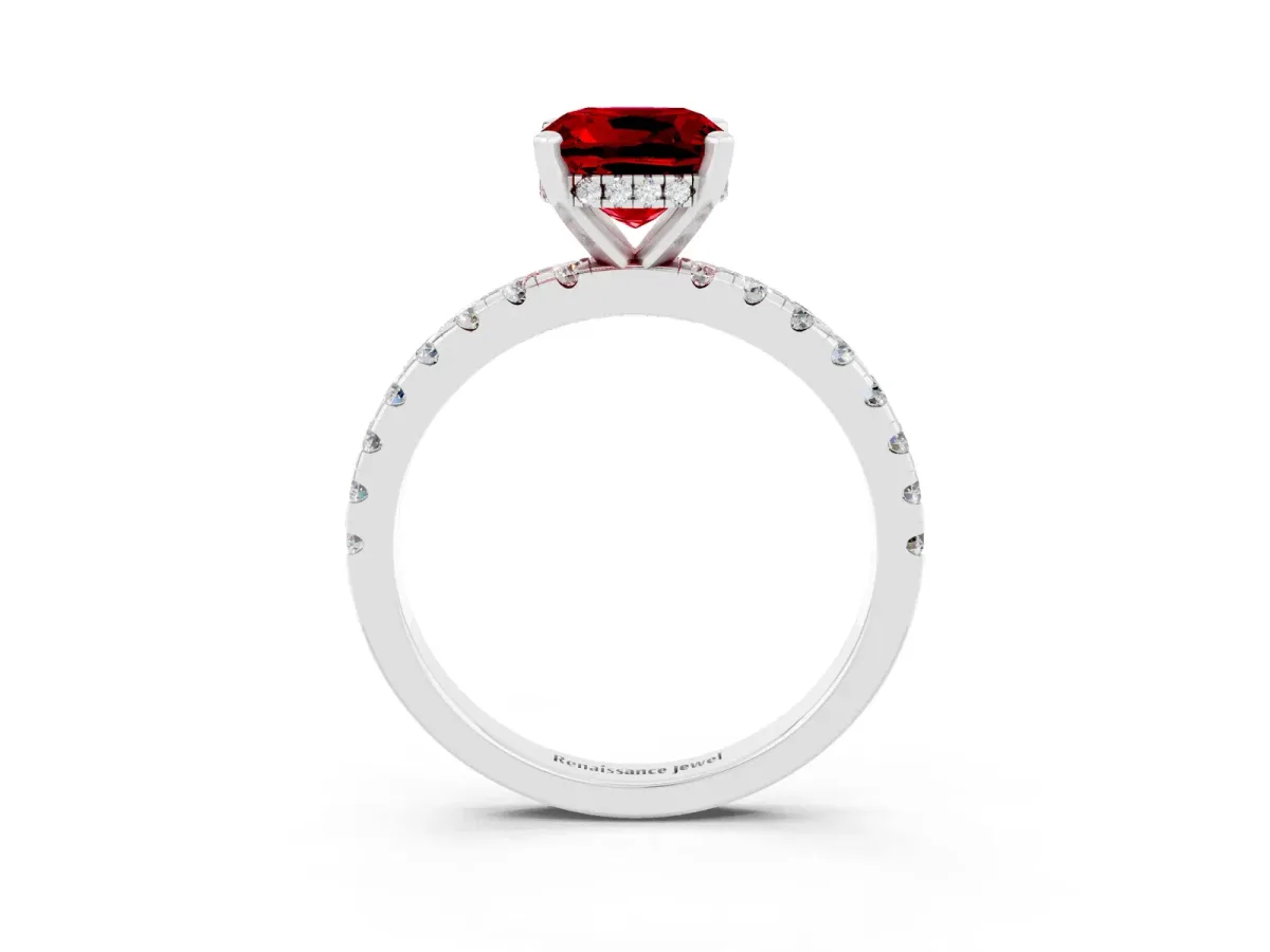 Cushion Cut Ruby Solitaire Ring with Round Pavé Band and Four-Prong Setting Silver