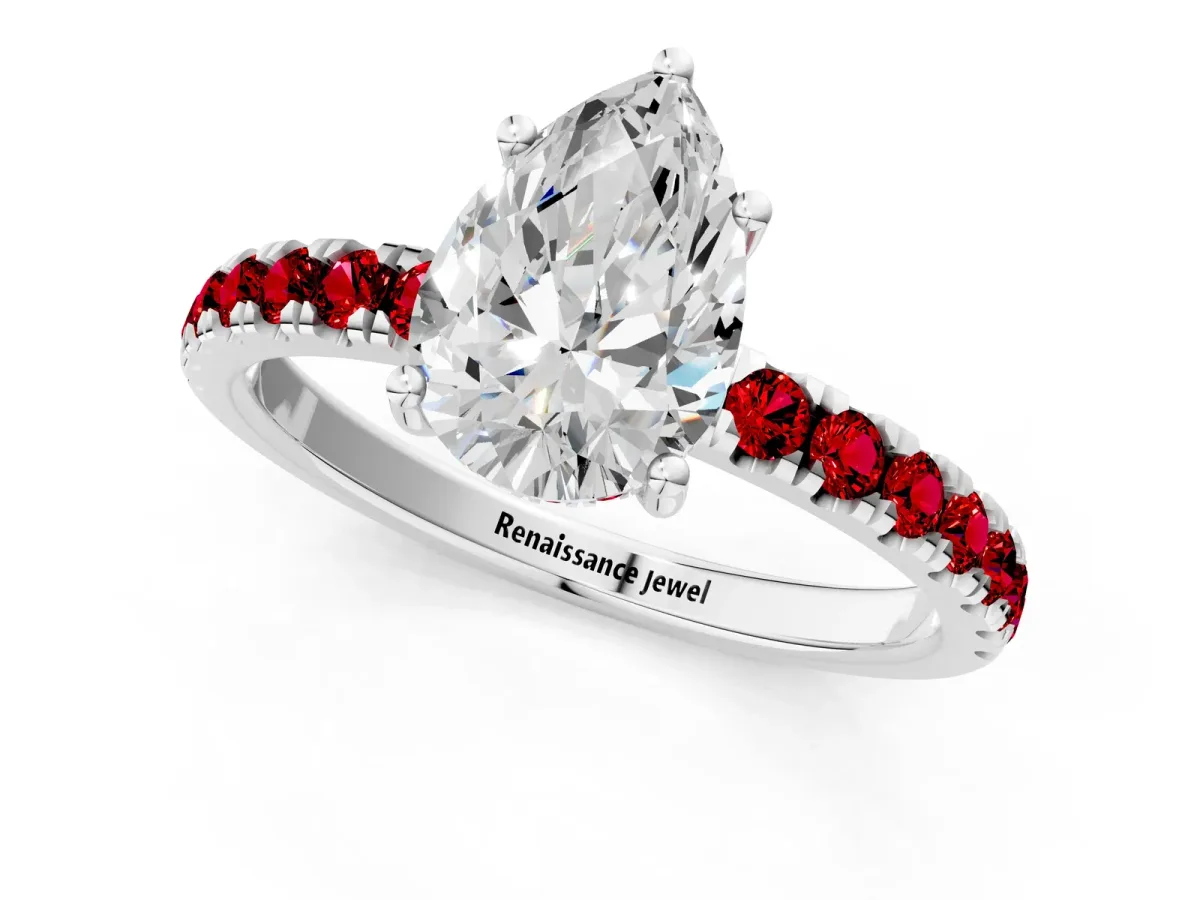 Pear Cut Diamond Pave Band Solitaire Ring with Round Ruby and Prong Setting Platinum