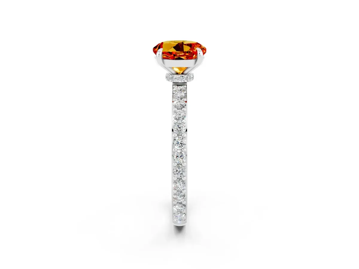 Round Cut Citrine Solitaire Engagement Ring with Pavé Band and Four-Prong Setting Silver