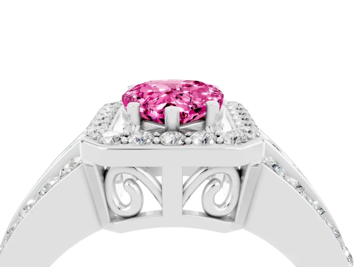 Pear Cut Halo Pink Sapphire Ring with Round Split Shank and Prong Setting Silver