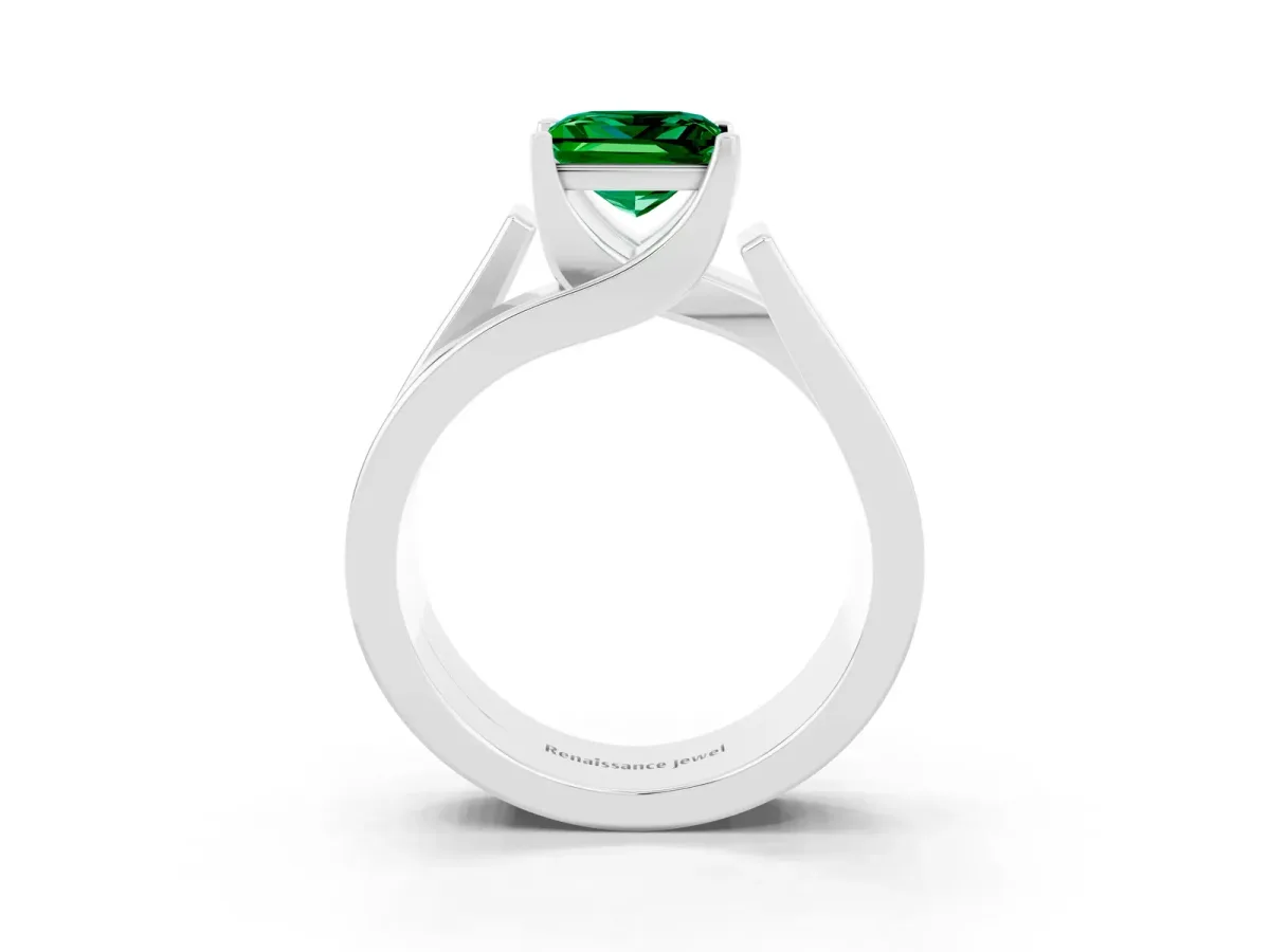 Modern Tension Set Princess Cut Emerald Solitaire Wide Band Ring Silver