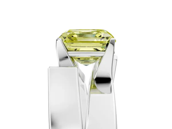 Fancy Yellow Modern Tension Set Asscher Cut Diamond Solitaire Wide Band Ring Platinum