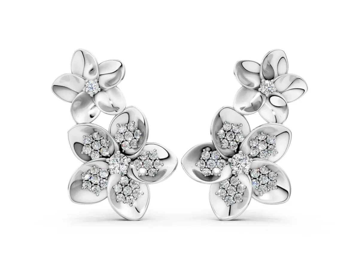 Round Diamond Plumeria Climber Earrings White gold