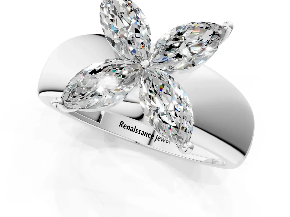 Marquise Diamond Floral Promise Ring Silver