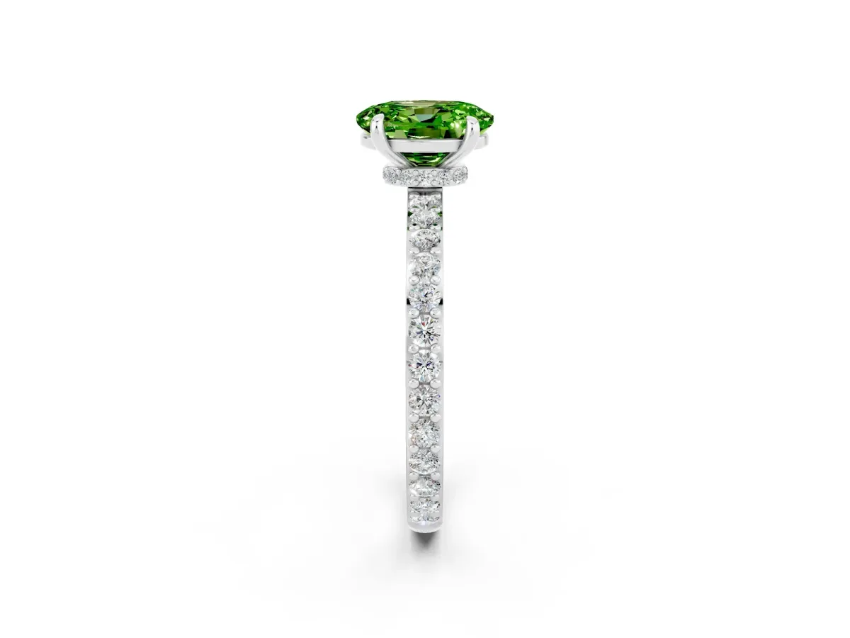 Oval Cut Peridot Solitaire Engagement Ring with Pavé Band and Four-Prong Setting Platinum