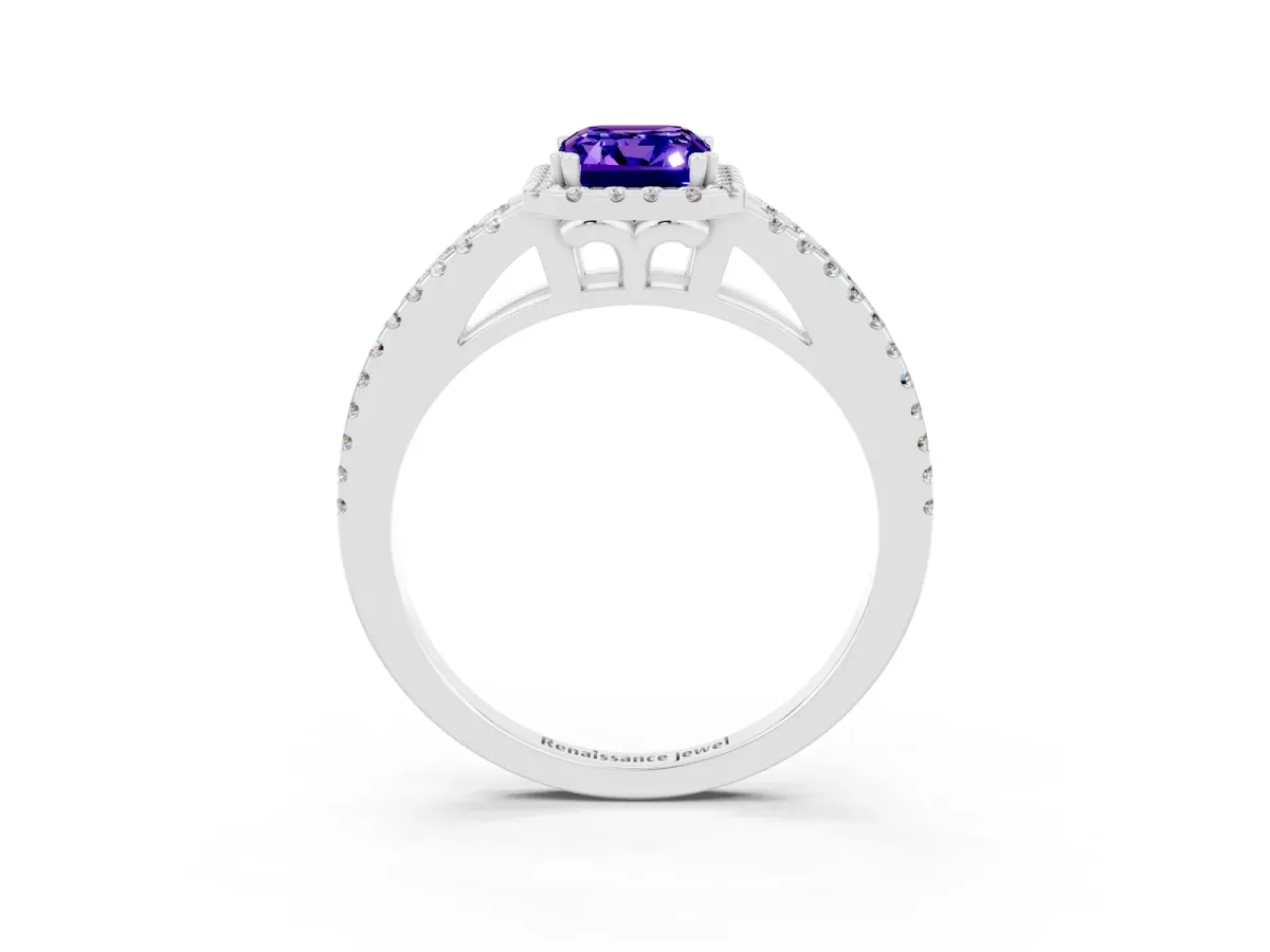 Emerald Cut Tanzanite Halo Split Shank Engagement Ring Platinum