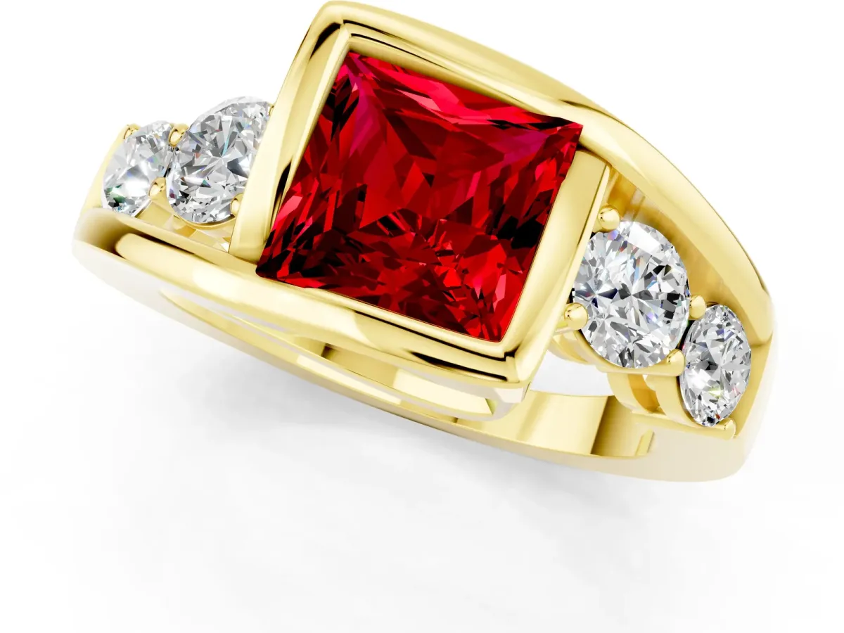 Bezel Set Princess Cut Ruby Bypass Ring with Round Accents Yellow gold