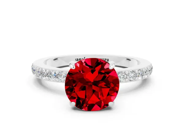 Round Cut Ruby Solitaire Engagement Ring with Pavé Band and Four-Prong Setting Platinum