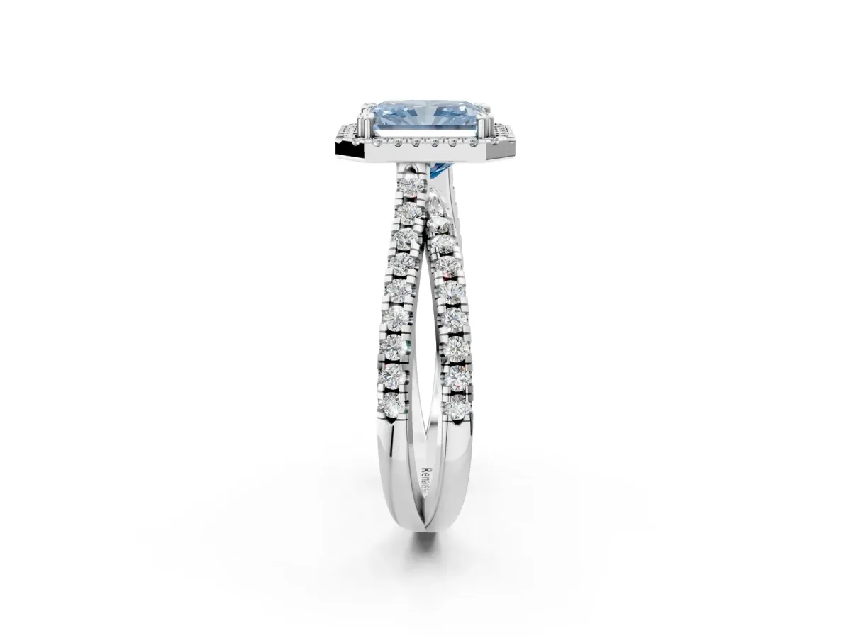 Fancy Blue Radiant Cut Halo Split Shank Diamond Ring with Pavé Setting Platinum